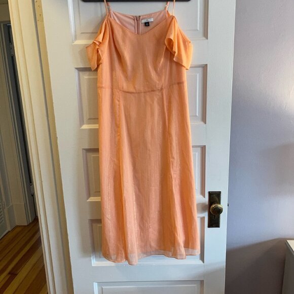 Halston peach gold metallic cold shoulder midi Georgette formal dress 12 - Picture 14 of 14